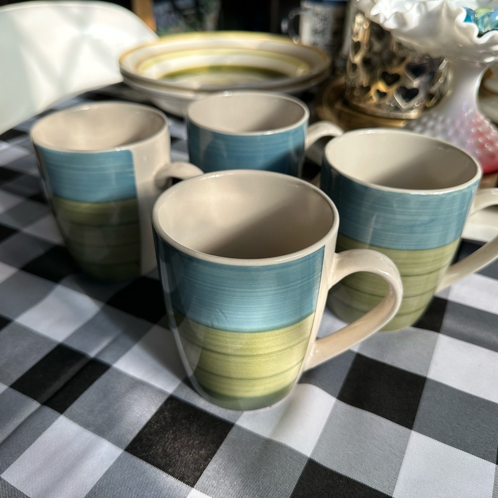 Pier1 Blue and Green Striped Mugs Set of 4